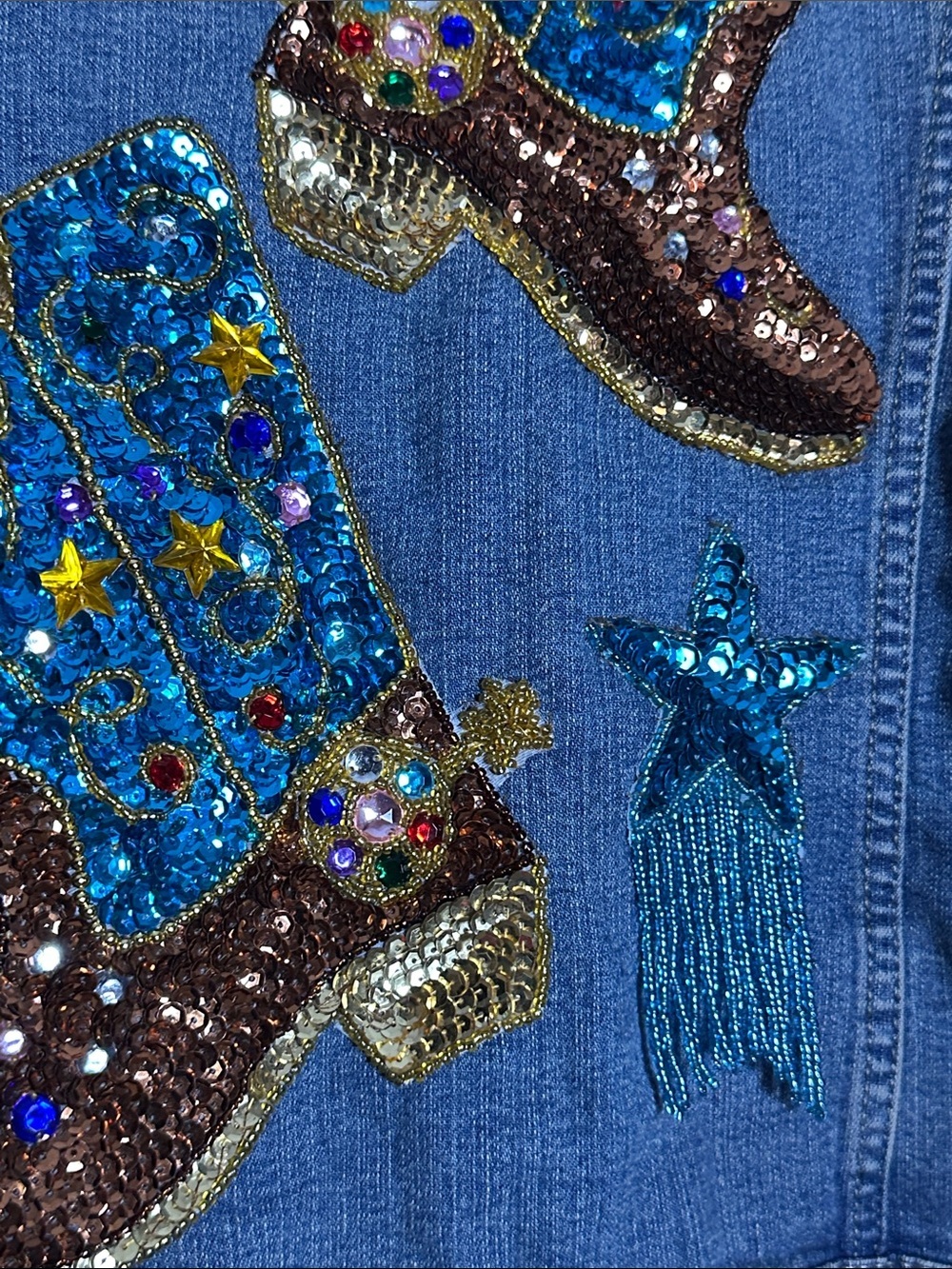 Faded Glory medium wash custom-embellished denim trucker jacket Texas Design 2XL - Picture 15 of 15